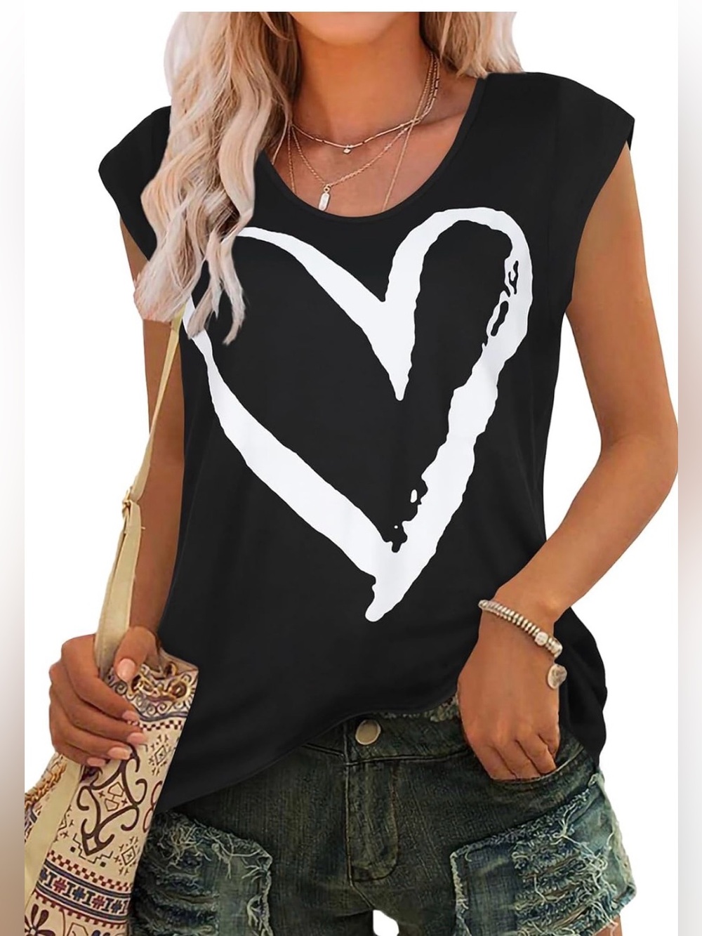 Women’s Black Cap Sleeve Tee with White Heart Graphic - Picture 5 of 5